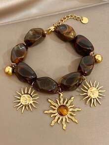 1件装奢华复古波西米亚太阳吊坠可调节手链，18K镀金不锈钢材质，配亚克力手链，女士饰品，适合音乐节、度假、艺术博览会、生日礼物、情人节、派对、晚宴、日常佩戴、约会、新年、婚礼、海滩、圣诞节、周年纪念日等场合。 - 彩色 - 查看 3