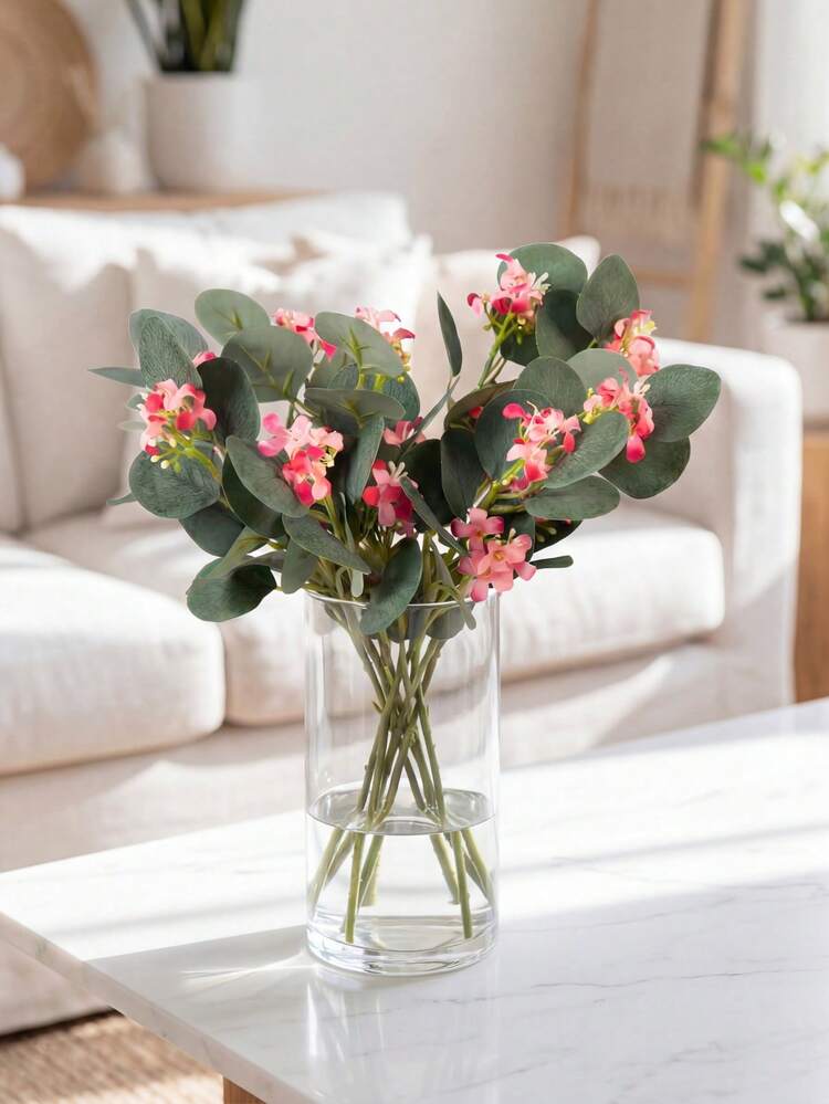 6pcs Eucalyptus & Lilac Colored Flowers, Suitable For Seasonal Decor, Home Gatherings, Tabletop, Living Room, Bedroom, Vase DIY, Restaurant, Bedroom, Furniture, Wedding Decor, Holiday Gifts - Pink - View 5