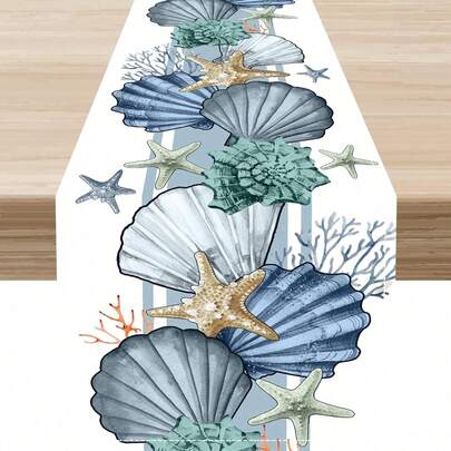 1 szt. Letni obrus z motywem muszli, bieżnik na stół z motywem oceanicznym, wykonany z poliestru, odpowiedni do dekoracji stołu jadalnego, kuchni, jadalni, na przyjęcia i do świątecznego wystroju domu