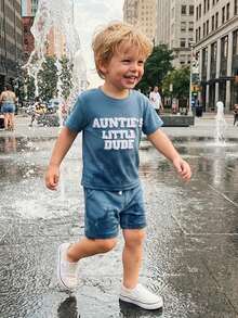 Aunties Little Dude Baby Clothes Toddler Boy 2 Piece Summer Outfit Embroidery Letter Short Sleeve T Shirts And Waffle Shorts Set - Blue - View 3