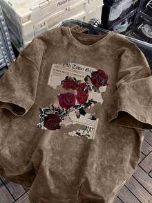 1 PcsWomen's Retro Rose And Newspaper Cartoon Letter Pattern Prints On The Street, Korean-Style Comfortable Retro Fashion Commuting Versatile Y2k Women's Clothing, Regular Niche Punk Style Black Fitted Round-Neck Short-Sleeved Washed T-Shirt, Washed Retro Series Comfortable Pure Cotton T-Shirt, Easily Create Retro Casual Wear, Suitable For Daily Commuting, Leisure Outings, Daily Outfits, Classic Retro Style Women's Clothing - 摩卡棕 - 查看 11
