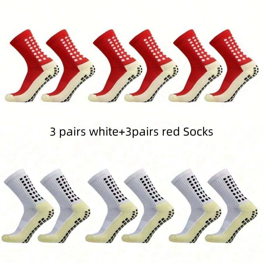 6 Pair Of Unisex Anti Odor & Sweat Absorption Crew Grip Socks With Anti Slip Silicone Thicken Bottom Tubesocks For Football Soccer Basketball Tennis Cycling - 3 đôi màu đỏ + 3 đôi màu trắng - Xem 1