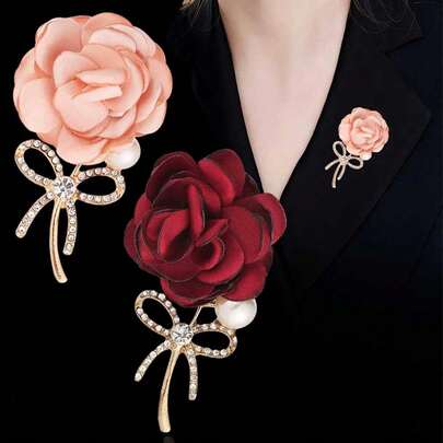 1pc Elegant Fashion Wedding Bride Groom Rose Flower Brooch With Rhinestone Bow Tie, Suitable For Daily Wear, Wedding Ceremony, Gala, Business Meeting, Back To School, Teacher's Day, Valentine's Day, Mother's Day Gift
