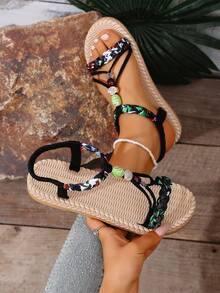 Sandal đế bằng nữ mùa hè mới, mũi tròn, đính hạt thủ công, phong cách Bohemian, đa năng, thoải mái, thích hợp cho kỳ nghỉ. - màu đen - Xem 8