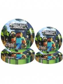 40/80件套我的世界主题派对用品，7英寸和9英寸一次性纸盘套装，适用于节日、万圣节、家庭聚会、婚礼和生日派对 - 彩色 - 查看 9