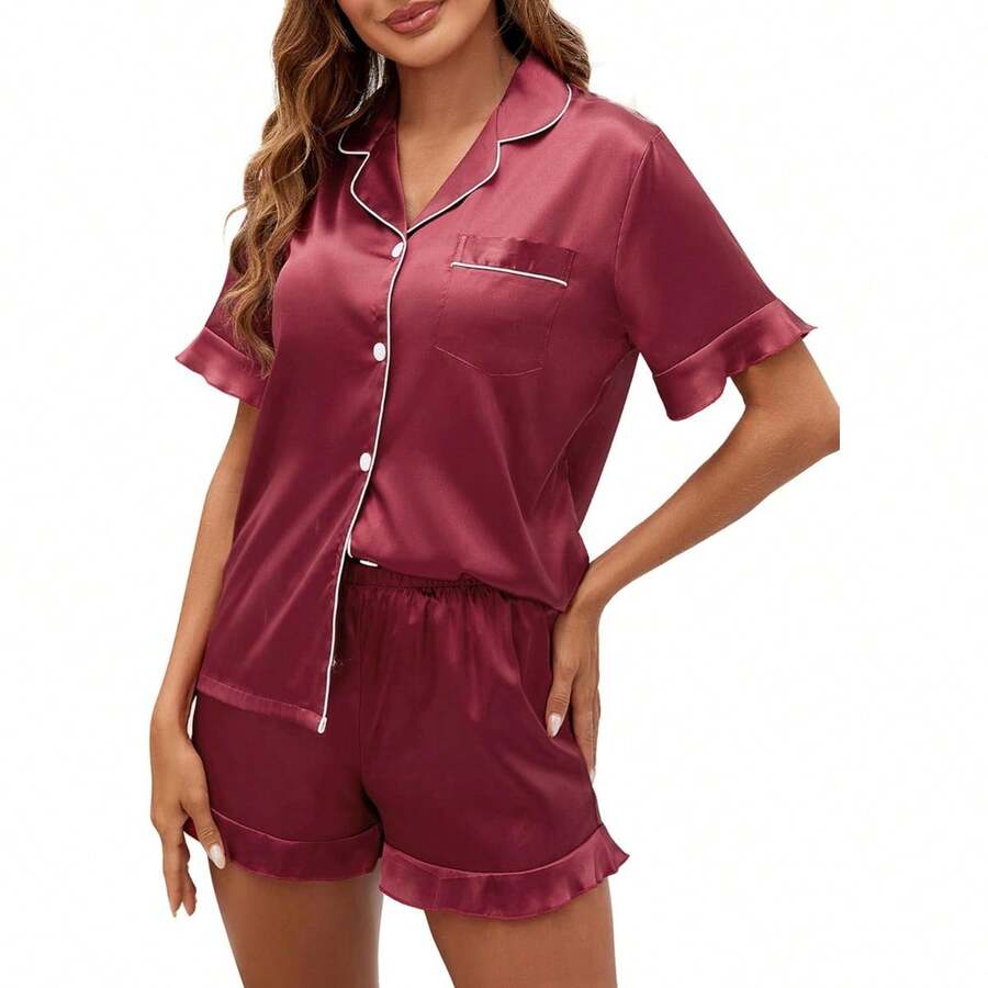Silk Pajamas, Short Sleeve Button-Down Satin Pajama Set, Ruffle Design - Apricot - View 1
