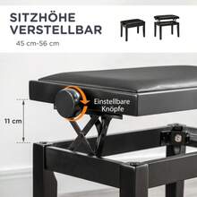 Piano Stool, Height-Adjustable Piano Bench With Leather Cushion, Imitation Leather, Rubberwood, Black, 63 X 33 X 45-56 Cm, Ideal For Pianists - Black - View 4