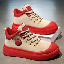 Men's Red & White Contrast High-Top Casual Shoes, Thick Sole Work Boots, Daily Commute Sneakers - Red - View 4
