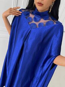 Women's Patchwork Mesh High Collar Abaya Robe - Blue - View 6