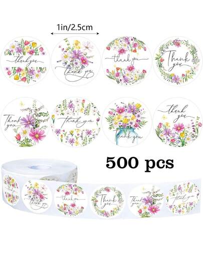 500pcs/Roll Wild Flower Thank You Stickers, 1 Inch Round, 8 Colorful Floral Designs, Self-Adhesive Round Seal Stickers For Gifts, Envelopes, Cards, Party DIY Decorations, PVC Sticker Sheets