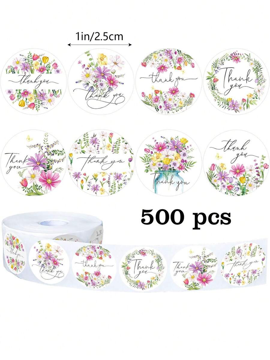 500 Stücke/Rolle Wildblumen Dankeschön Aufkleber, 2,5 cm rund, 8 bunte Blumenmuster, selbstklebende runde Siegelaufkleber für Geschenke, Umschläge, Karten, Party DIY Dekorationen, PVC Aufkleber Bögen Sammelalbum Zubehör, lustige Aufkleber Scrapbooking Zubehör Kindle - 500 Wildblumen-Dankeschön-Aufkleber - Übersicht 1
