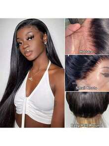 ZHENDEFA 隐形绑带360°仿真肌肤高清透明蕾丝前额假发，200密度直发蕾丝前额假发，隐形绑带预拔毛抽绳360°无胶假发，真人发，女士适用 - SNatural - 查看 5