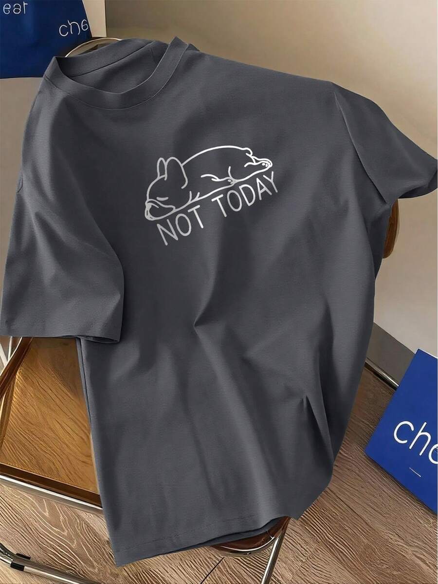 Áo thun tay ngắn cổ tròn in hình chú chó lười biếng, phong cách thường ngày, đa năng, in chữ "NOT TODAY" (Không phải hôm nay) - Màu xám đen - Xem 1