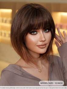 7JHH WIGS 女士短款渐变棕色层次感波波头假发，短直发带刘海，深色发根，全机织耐热合成假发，适合日常派对、音乐节庆典和角色扮演等场合佩戴，12英寸 - 漸層棕色 - 查看 4