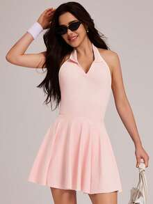 VUTRU Halter Backless Polo Collar Sports Dress, Anti-Flashing Tennis Skirt, Golf Dress - Baby Pink - View 7
