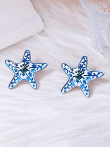 1 Pair Fashionable Versatile Personalized Alloy Starfish Stud Earrings, Minimalist Elegant Design For Women - Blue Starfish - View 2