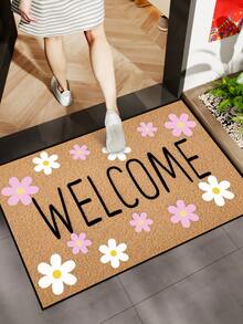 1 pieza Felpudo con patrón floral "Bienvenido", estilo rústico de fibra de poliéster lavable, adecuado para sala de estar, cocina, dormitorio, entrada, decoración del hogar, decoración de la habitación, para todas las estaciones - Mostaza Amarilla - Ver 3