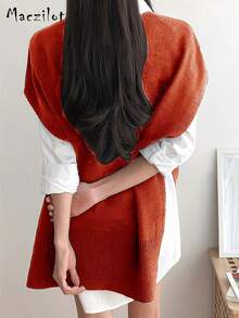 大码女式套头毛衣，休闲舒适V领无袖针织上衣 - 橘紅色 - 查看 5