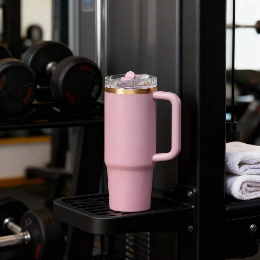 STANLEYO 40oz Stylish Matte Pink Insulated Tumbler With Gold Accent – Double-Wall Stainless Steel Cup With Handle, Flip-Top Lid, Leak-Proof Reusable For Coffee, Tea & Smoothies | Ideal Holiday Gift For Family & Friends - Hồng - Xem 1