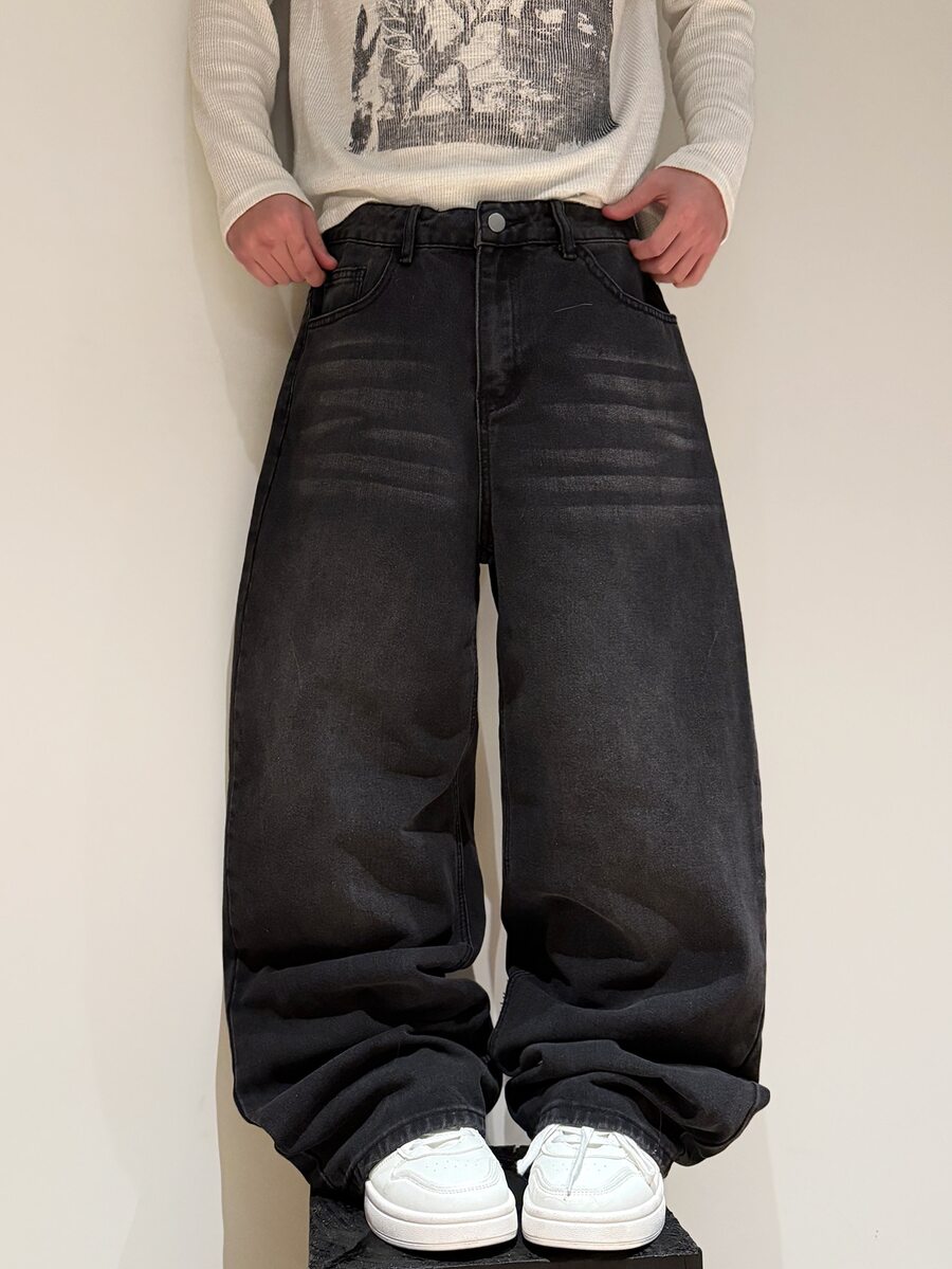 Hearty Haven 男士休闲宽松直筒水洗牛仔裤（不含腰带或配饰） - 黑色 - 查看 1