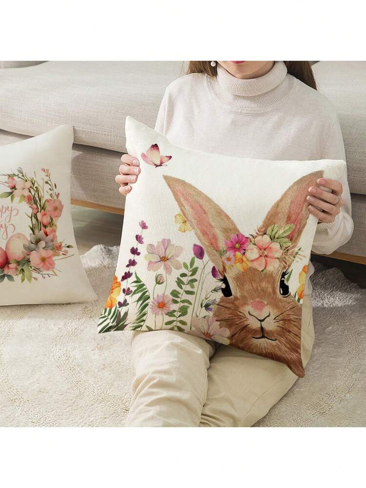 2pcs Easter Style Pillow Covers, Bunny Cushion Case With Easter Egg & Rabbit Print Pattern, 100% Hypoallergenic Polyester Fiber, Vintage Linen Material, Hidden Zipper Closure, Machine Washable, Home Decorative Throw Pillow Covers For Sofa, Living Room, Bedroom, No Pillow Insert - Multicolor - View 3