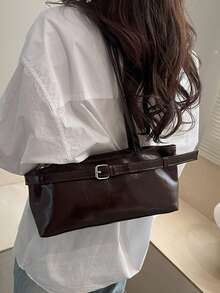 1pc Vintage Large Capacity Tote Bag, Commuter Oversized Underarm Bag, Fashion Motorcycle Handbag, PU Solid Color Oiled Wax Leather, Strap Decor, Zipper Closure, Women's Shoulder Bag For Work, College Student Backpack, Short Trip, Vacation, Shopping, Business, Suitable For Daily Use - Coffee Brown - View 5