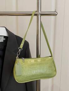 女士鳄鱼纹法棍包，新款时尚手提包，配有肩带，简约腋下包 - 綠色 - 查看 6