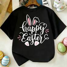 女童短袖T恤，复活节兔子耳朵卡通双面印花，休闲圆领童装 - 黑色 - 查看 11