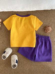 Cute Lion Colorblock Set! Yellow Striped T-Shirt With 3D Lion Ears & Colorful Mane, Paired With Purple Shorts + LION Pocket, Ribbed Fabric Breathable & Skin-Friendly, Full Of Childlike Charm, Comfortable & Eye-Catching - Yellow - View 2