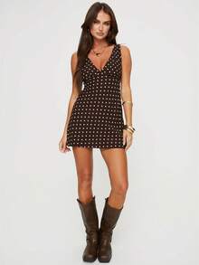 Women Boho Summer Polka Dots Tank Dress Sleeveless Deep V-Neck Bodycon Tie Back Casual Short Mini Dress Holiday Beachwear Sundress Party Clubwear - Cà phê nâu - Xem 4