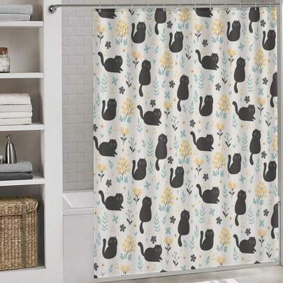 1pc Cute Cat Printed Shower Curtain, Suitable For Bathroom Bathtub Partition, Bathroom Shower Curtain Decoration, Bathroom Accessories