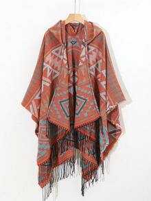 1件几何图案条纹流苏连帽斗篷披肩 - 彩色 - 查看 10