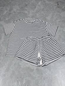 2-Piece Set, Simple And Fashionable, Stripes, Contrast Colors, Four Seasons, New Style, Loose, Casual, Tassel Drawstring, Pockets, Short-Sleeved Shorts, Home Clothes Set, Suitable For Family Wear - Dark Grey - View 6