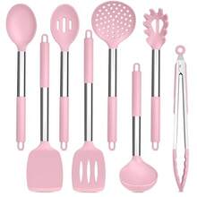 Juego 8 utensilios cocina silicona mango acero inoxidable para antiadherentes freír drenaje resistente calor apto lavaplatos - Rosado - Ver 8