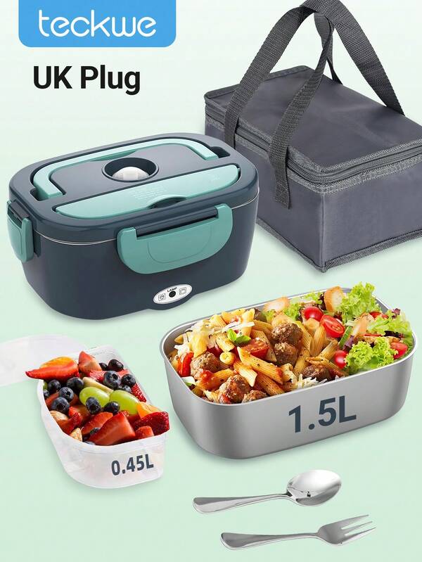 Teckwe Electric Lunch Box Food Heater, Portable Warmer With  1.5L Stainless Steel Container & 0.45L Fruit Box & Fork & Spoon, Green Heated Lunch Box Suitable For Ideal Driver/Work/Gift-UK Plug