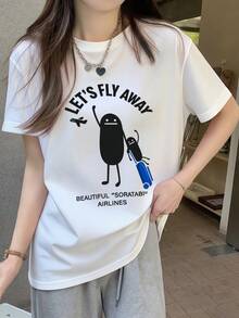 200g 100% Cotton T-Shirt, 2026 Women's Summer Fashion Cartoon Character Print Short Sleeve T-Shirt, Couple Style, Underwear/Outerwear, Office Casual Round Neck Short Sleeve Top - White {Fun T-shirt/Women's Summer Clothing} - View 1