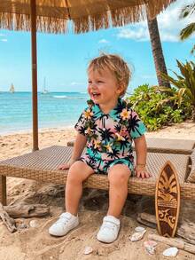 Toddler Baby Boy Hawaiian Outfits Summer Beach Coconut Tree/Palm Leaf Button Down Shirt And Shorts Vacation Clothes - 藍色 - 查看 7