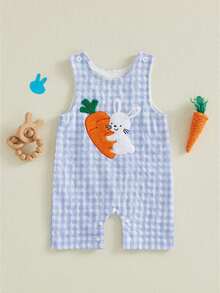 Mono de Pascua para bebé niño, sin mangas, cuello redondo, con bordado de conejito, mono para recién nacido - Azul - Ver 1