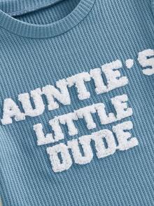 Aunties Little Dude Baby Clothes Toddler Boy 2 Piece Summer Outfit Embroidery Letter Short Sleeve T Shirts And Waffle Shorts Set - Blue - View 6