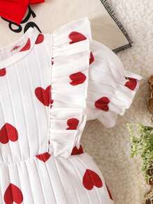 1pc Baby Girls Cute Heart Print Short Sleeve Bodysuit + Headband, Lightweight Summer Outfit - Red and White - View 4