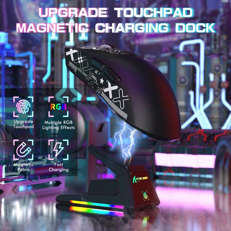 ATTACK SHARK X1 超轻无线游戏鼠标，带 RGB 磁吸充电底座，蓝牙/2.4G 无线/有线游戏鼠标，PAW3395PRO 游戏传感器，40000 DPI，53g，办公鼠标，适用于 PC/Win/游戏玩家，圣诞礼物，圣诞特别版，年末特惠 - 白色/黑色/红色及胶带 - 彩色 - 查看 7