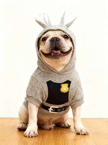 LUCKIE LABO 1pc Animal Rabbit Officer Costume Hoodie Sweatshirt, Fashionable Pet Apparel Suitable For Small Dogs And Cats, Indoor And Outdoor Wear - Grey - View 5