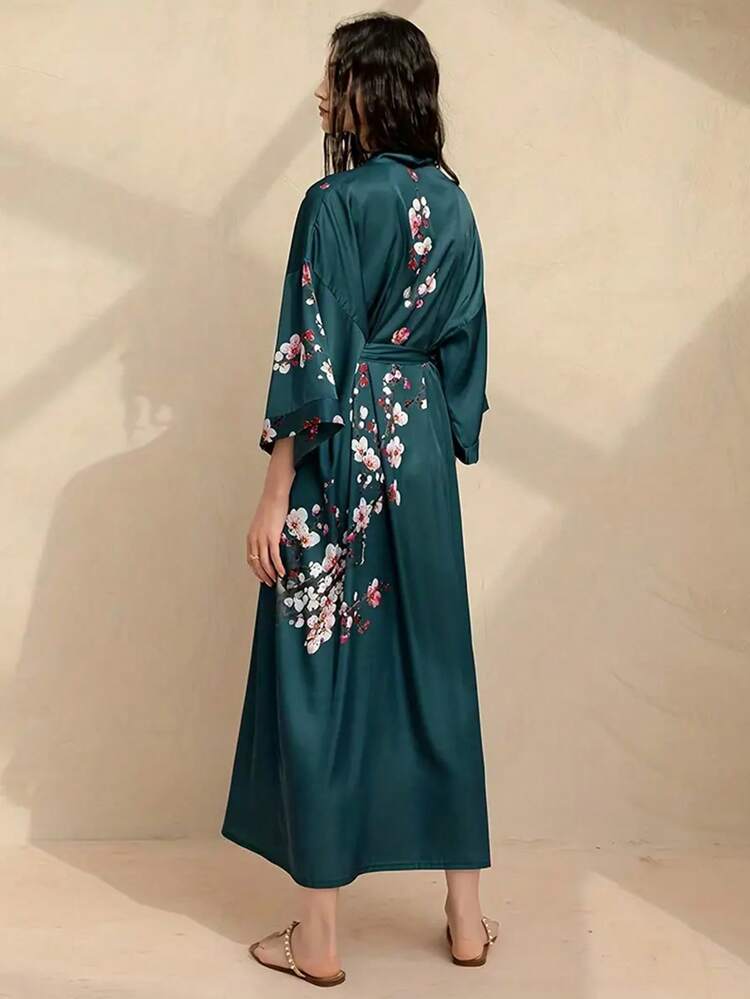 Áo choàng kimono dài kiểu retro châu Âu và Mỹ in hoa, nhẹ nhàng, gợi cảm, thắt eo, thích hợp mặc đi biển, đi nghỉ mát, cỡ lớn. - màu xanh lá - Xem 3