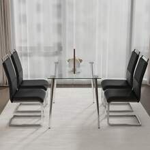 Set Of 4 Modern Dining Chairs, PU Leatherette And Linen, Side Cushions, Kitchen, Dining Room, Office Chairs, Black - Black - View 3