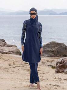 Bộ đồ bơi kín đáo 3 món gồm áo dài tay, quần dài và mũ trùm đầu, kiểu Trung Đông, đồ bơi kín đáo toàn thân cho nữ mùa hè đi biển. - Màu xanh lam - Xem 5