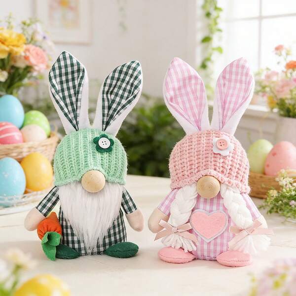 1pc Plaid Cute Rabbit Figurine Decor, Easter Decoration, Creative Couple Sitting Statue Desktop Ornament, Spring Party Gathering Scene Decor, Easter Party Tabletop Decor, Home Living Room Kitchen Tabletop Decoration, Farmhouse Decor