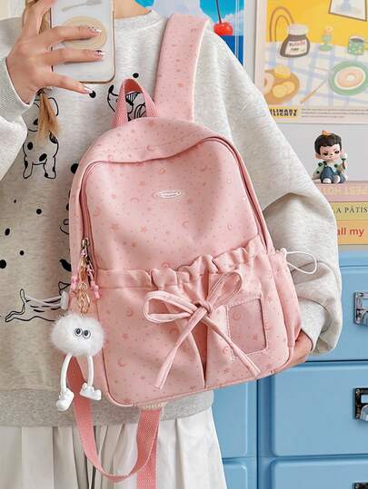 Ba lô họa tiết hoa cho bé gái, cặp sách kiểu Hàn Quốc in hình sao và trăng, thích hợp cho mùa tựu trường.