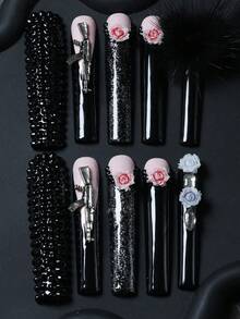 CrystalHola Valentine's Day 10 Pcs Handmade Press-On Nails, Square Long Nails, Y2K Color, Black And Pink Nail Base With Black Pom-Pom, 3D Flowers, Exquisite Accessories, Full Coverage, Removable And Reusable, Durable, Unique Summer Nail Art, A Must-Have Fashion Accessory For Parties And Weddings. Nail Supplies - Multicolor - View 11