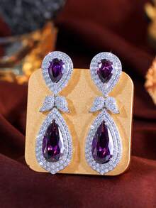 1 Pair Luxurious Purple Water Drop Cubic Zirconia Long Leaf Dangle Earrings, Silver Plated CZ Women Elegant Jewelry For Brides, Bridesmaids, Engagement, Banquet, Party, Prom, Valentine's Gift - Purple - View 4