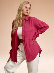 Women's Loose-Fit Crinkled Button-Down Shirt - White & Multi-Color, Long Sleeve, Collared, Casual Spring & Fall Top, Ladies Outdoor Shirt, Minimalist Stylish Daily Wear, All-Age Home & Leisure Blouse - 紅色 - 查看 1